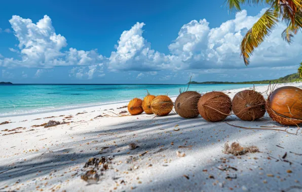 Картинка песок, море, пляж, лето, кокос, summer, beach, sea
