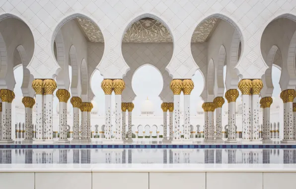 Картинка золото, Колонны, колонны, мрамор, позолота, Мечеть, Abu Dhabi, Emirates