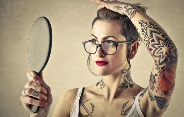 Hair, tattoos, mirror