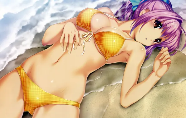 Girl, sexy, cleavage, beach, pink hair, long hair, sea, boobs