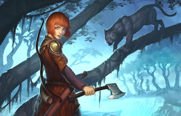 Картинка кошка, девушка, оружие, дерево, пантера, арт, Guild Wars 2, Ranger