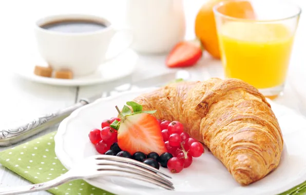 Кофе, завтрак, клубника, выпечка, croissant, breakfast, круассан