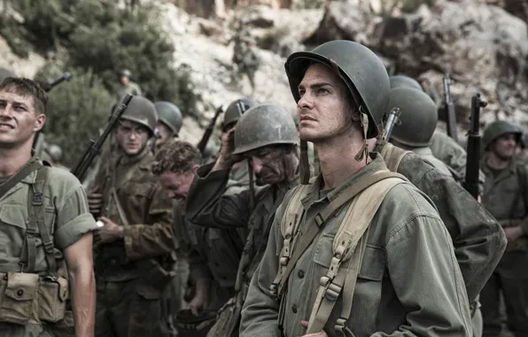 Фильм, кадр, солдаты, форма, каска, история, военный, Andrew Garfield