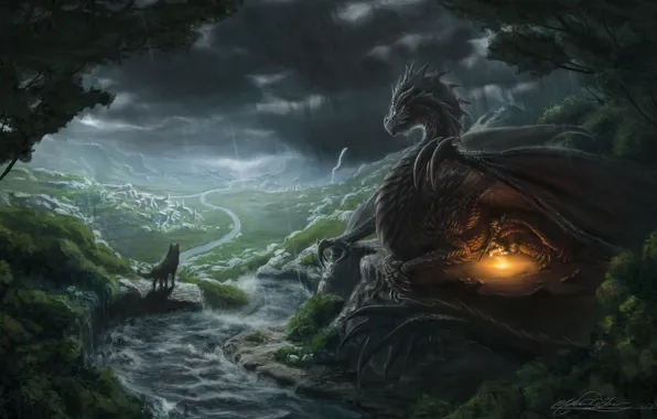Картинка фантастика, дракон, человек, крылья, костер, арт, взгляд. дождь