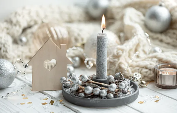 Шарики, шары, свеча, Рождество, Новый год, домик, декорация