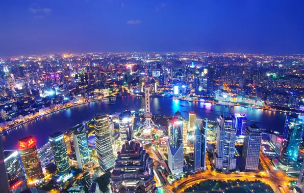 Река, China, здания, панорама, Китай, Shanghai, Шанхай, ночной город