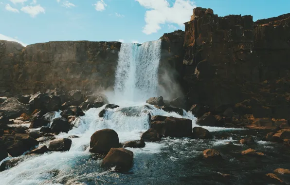 Sky, rocks, waterfall, stream, sunny