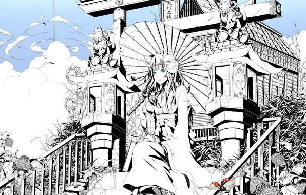 Картинка божья коровка, Девушка, зонт, маска, храм