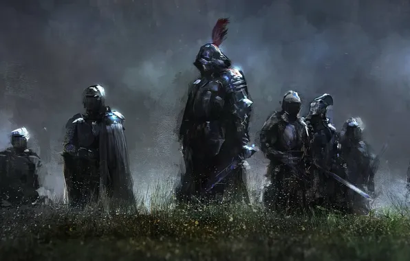 Картинка трава, туман, оружие, воин, Рыцарь, доспех