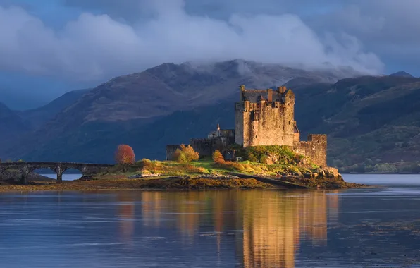 Картинка облака, горы, мост, озеро, замок, Шотландия