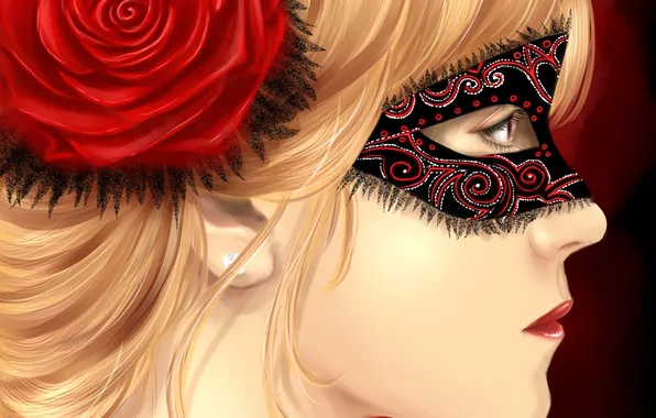 Картинка девушка, лицо, фон, роза, маска, арт, блондинка, профиль