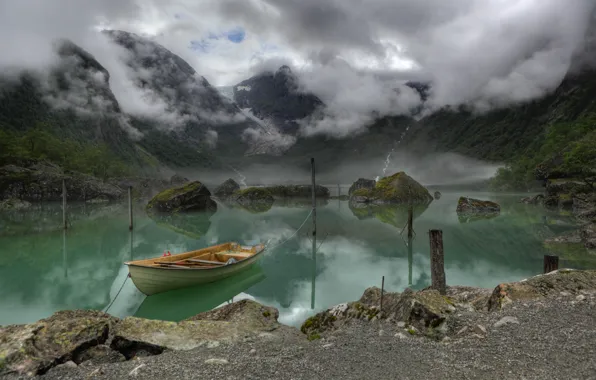 Горы, туман, озеро, лодка, Norway, Lake, Bondhus