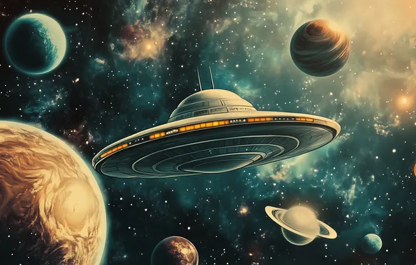 Картинка space, science fiction, stars, spaceship, planets, UFOs