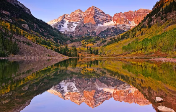 Картинка осень, озеро, отражение, гора, утро, США