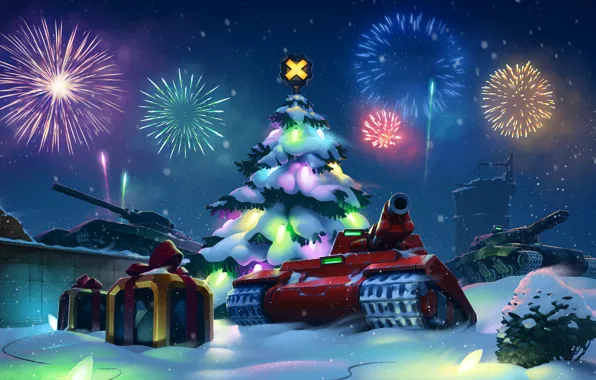 Картинка снег, красный, настроение, елка, новый год, салют, подарки, red