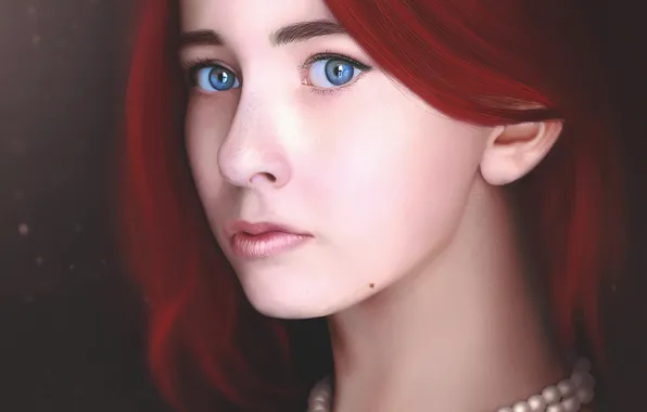 Картинка взгляд, девушка, лицо, арт, бусы, красные волосы