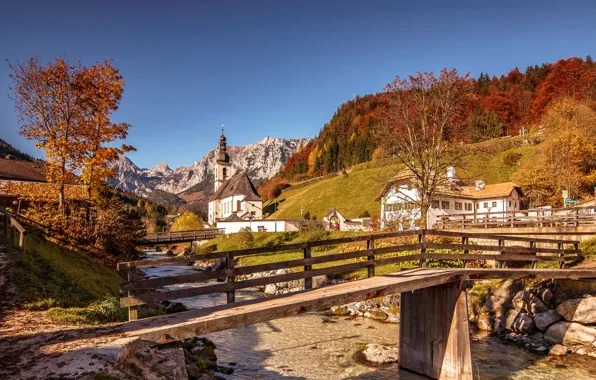 Осень, деревья, горы, мост, дом, река, Германия, Бавария