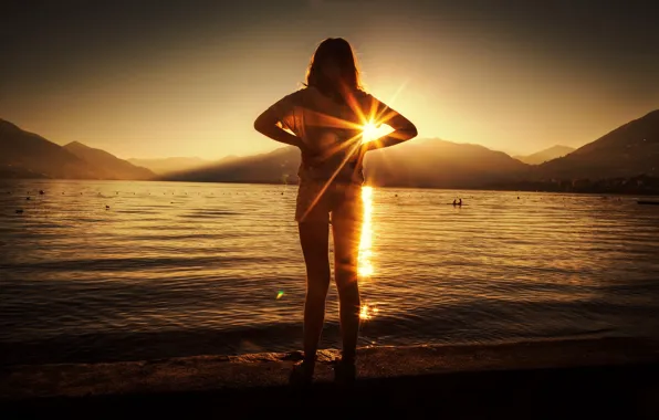 Картинка море, солнце, обработка, силуэт, девочка