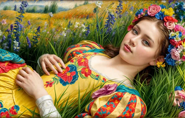 Поле, лето, трава, взгляд, девушка, цветы, руки, платье