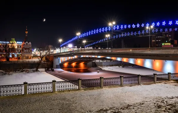 Фото, Дома, Зима, Мост, Ночь, Город, Река, Россия
