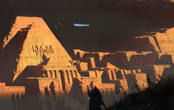 Закат, сооружение, воин, Sunset, Ruins
