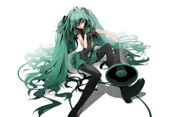 Галстук, провод, белый фон, перчатки, vocaloid, Hatsune Miku, длинные волосы, вокалоид