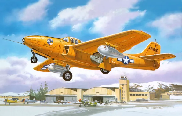 Картинка самолет, истребитель, арт, ВВС, реактивный, двигатели, первый, США.