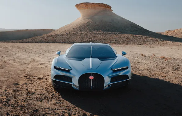 Пустыня, гора, Bugatti, вид спереди, Qatar, Doha, Bugatti Tourbillon, Tourbillon