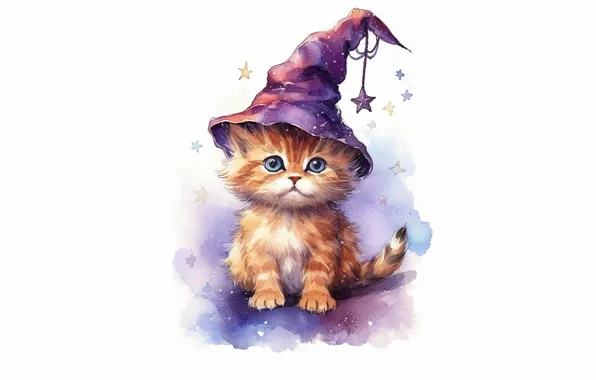 Кошка, котенок, живопись, мордашка, колпак, цифровая живопись, ИИ-арт, нейросеть