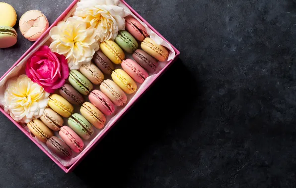 Цветы, подарок, colorful, wood, pink, flowers, macarons, gift box