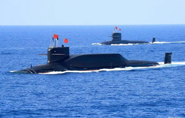 Картинка Волны, Флаг, ПЛАРБ, Атомная подводная лодка, ВМС КНР, Подводные лодки проекта 094 «Цзинь»