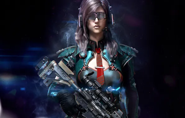 Картинка девушка, рендеринг, оружие, cyberpunk