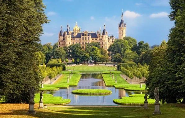Пруд, парк, замок, Германия, Germany, скульптуры, Schwerin Castle