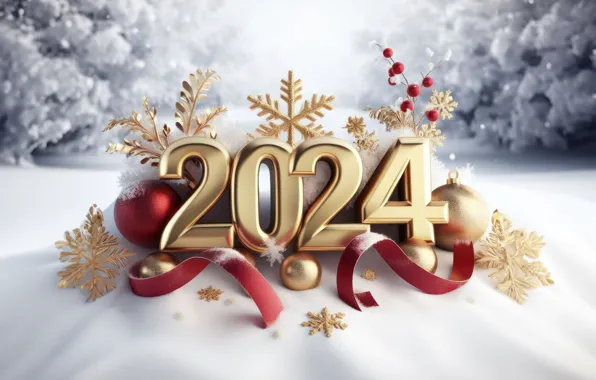 Цифры, Новый год, golden, snow, decoration, numbers, New year, 2024