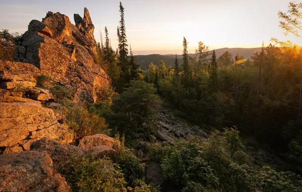 Sunset, mountains, view, rocks