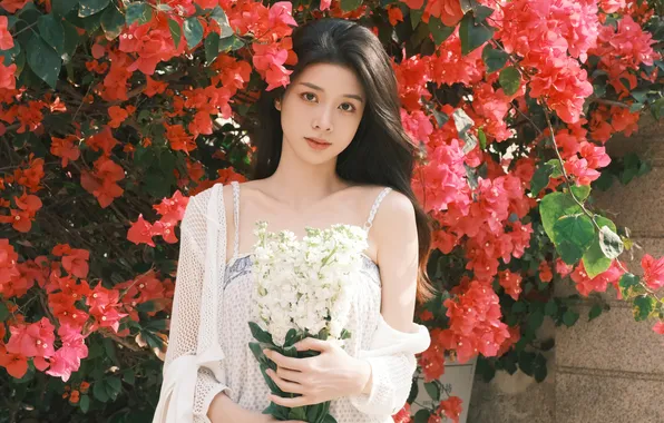 Beautiful, Asian, Model, Flowers, Woman, Bouquet, Cute, Pretty