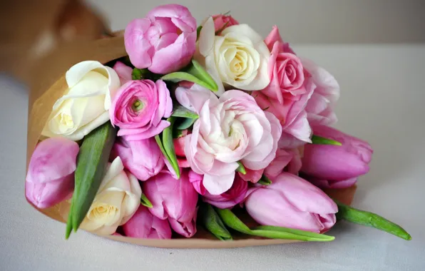Букет, тюльпаны, розовые, пионы, лютики