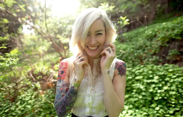 Girl, grass, forest, blouse, trees, nature, woman, smile