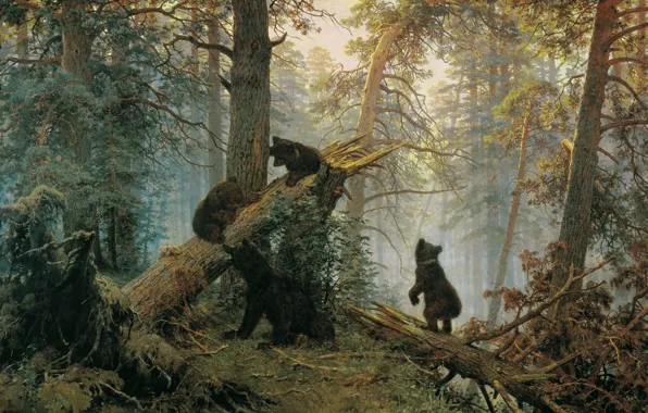 Картинка лес, медведи, Иван Иванович Шишкин, Утро в сосновом лесу