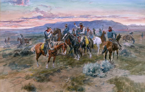 Картина, акварель, дикий запад, Charles Marion Russell, американский художник, мужчины, лошади, ковбои