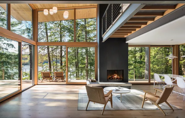 Дизайн, стиль, вилла, интерьер, камин, столовая, Modern Cabin, просторная гостиная