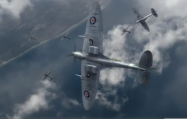 Картинка побережье, графика, арт, Spitfire, бомбордировщики, Supermarine, he-111, английский истребитель