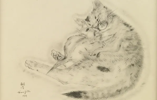 Картинка любовь, доброта, нежность, спят, милые, 1929, Tsuguharu Foujita, Книга Кошек