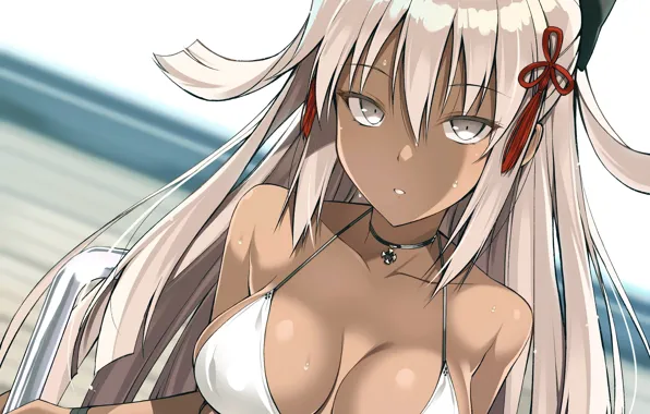 Girl, sexy, cleavage, beach, long hair, sea, boobs, anime