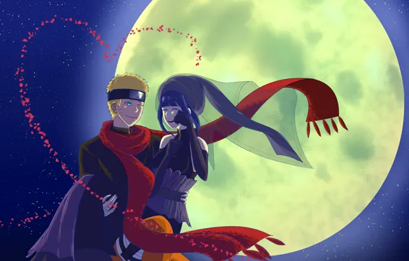 Ночь, луна, naruto, art, Uzumaki Naruto, Naruto The Movie the Last, Hinata Hyugo, red scarf