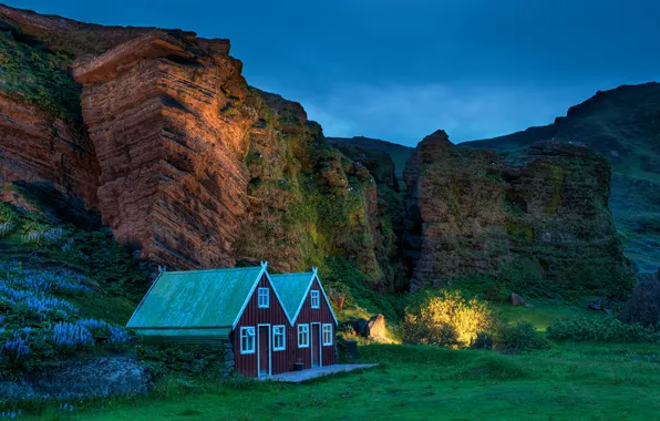 Картинка зелень, цветы, скала, вечер, домик