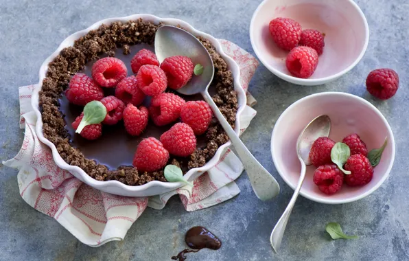 Картинка ягоды, малина, пирог, ложки, chocolate tart