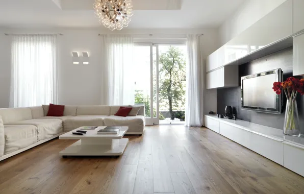 Цветы, диван, букет, люстра, ваза, house, modern, гостиная