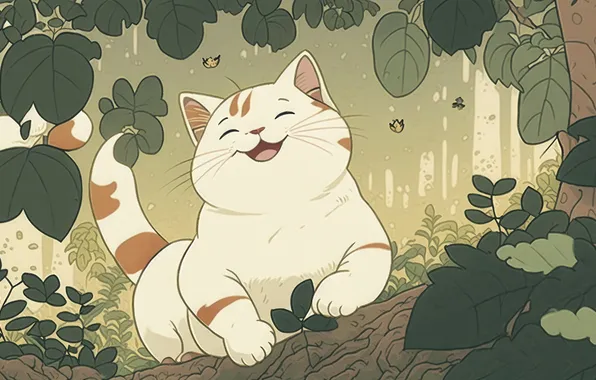 Кошка, кот, листья, поза, улыбка, бревно, мордашка, пятнистый