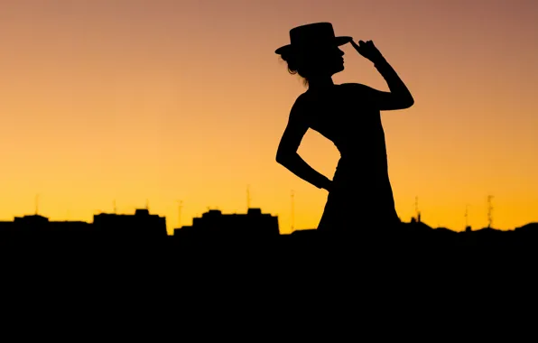 Картинка city, hat, woman, pose, silhouette, Tango